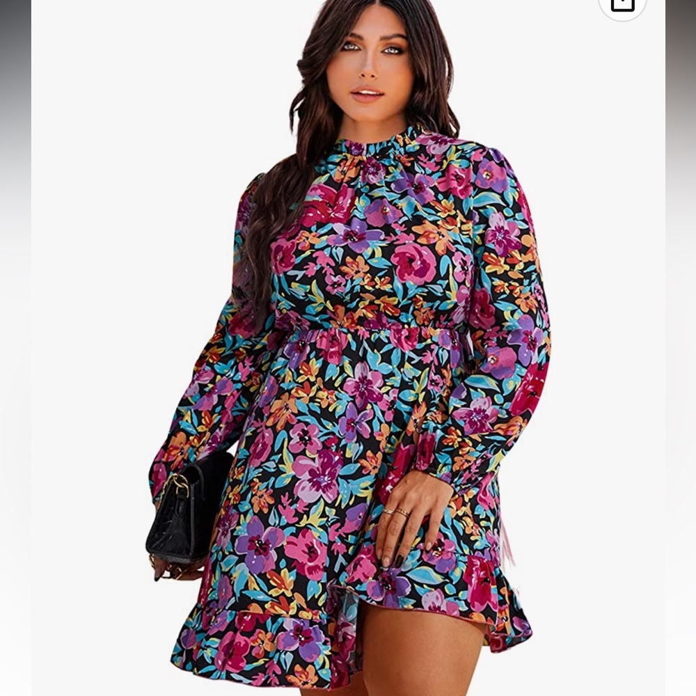 SheIn Curve Dress Women's 2XL Pink Floral Mock Neck Summer Spring Dress